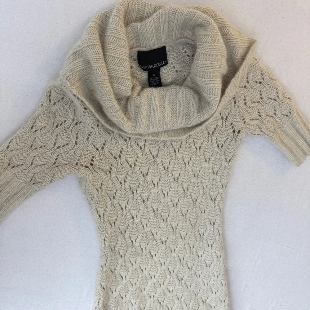 Cynthia Rowley Beige Angora Wool Blend Cowl Neck Cable Knit Sweater Dress XS - Picture 10 of 13